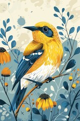 Poster - A vibrant illustration of a yellow bird perched on a branch amidst floral elements.