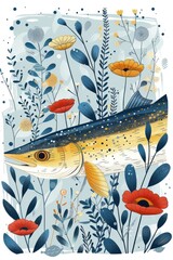 Poster - A stylized illustration of a fish surrounded by colorful flowers and foliage.