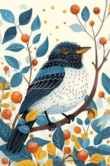 Poster - A colorful illustration of a bird perched on a branch surrounded by vibrant foliage and berries.