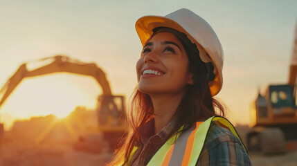 Aufkleber - Portrait of a smiling female engineer wearing safety helmet and vest looking up at construction site during sunset