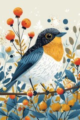 Poster - A colorful illustration of a bird perched among vibrant flowers and foliage.
