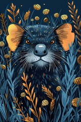 Poster - A stylized illustration of a furry animal surrounded by foliage and golden accents.
