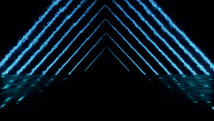 Poster - Abstract colorful background with bright neon beams and glowing lines reflecting on the floor. Clean reflective dark surface. Sci-fi futuristic scene, empty background. Vector illustration.