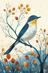 Poster - A colorful illustration of a bird perched on a branch with autumn leaves.