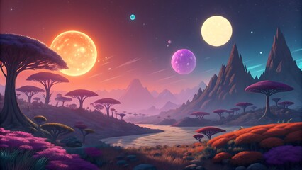 Wall Mural - Alien planet landscape with two suns vibrant colo