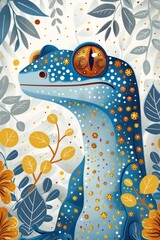 Aufkleber - a stylized illustration of a blue gecko surrounded by colorful foliage and abstract patterns.