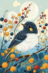 Poster - A whimsical illustration of a bird perched on a branch surrounded by colorful berries and foliage.