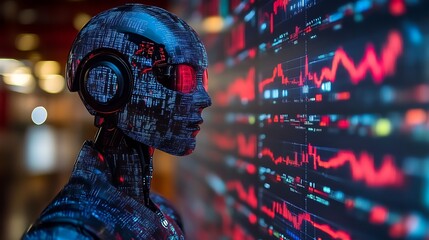 Poster - A futuristic robot with red eyes analyzes stock market charts displayed on a screen