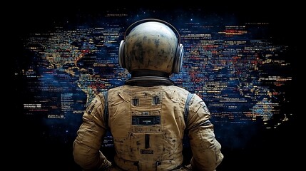 Poster - Astronaut with headset facing a luminous digital display with codes and data streams