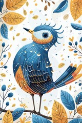 Aufkleber - a whimsical illustration of a blue bird surrounded by colorful leaves.