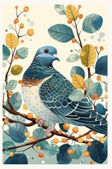 Poster - A stylized illustration of a pigeon perched on a branch surrounded by colorful leaves and berries.