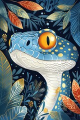 Poster - A colorful, stylized snake surrounded by vibrant leaves in a dark, enchanting background.