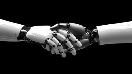 Poster - Two Robotic Arms are Connecting with a Firm Handshake in a Dark Background