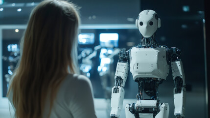 Aufkleber - Female engineer interacting with a humanoid robot in a high tech laboratory, concept of artificial intelligence and robotics
