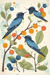 Poster - Three colorful birds perched on a branch with vibrant fruits and leaves in a whimsical style.