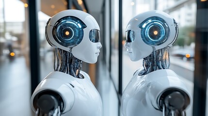 Poster - Two humanoid robots with illuminated eyes facing each other in a futuristic setting