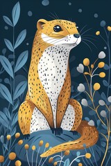 Poster - A stylized illustration of a golden animal sitting on a rock surrounded by plants.