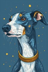 Poster - A stylized illustration of a dog with a blue coat and a golden collar against a blue background.