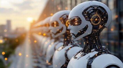 Poster - A line of humanoid robots stand against a blurred urban background at sunset
