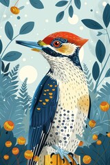 Poster - A colorful illustration of a woodpecker surrounded by foliage and decorative elements.