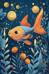 Poster - A vibrant illustration of an orange fish swimming among colorful plants and bubbles.