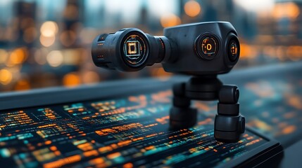 Poster - Futuristic Robotic Camera on Display with Digital Interface and City Lights