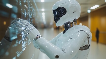Poster - Futuristic Robot Interacting with Transparent Display in a Modern Setting