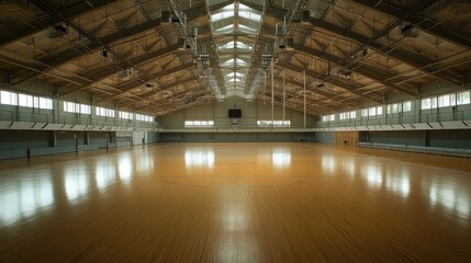 Poster - An empty multi-purpose indoor arena with a smooth wooden floor, perfect for basketball, volleyball, and other sports.