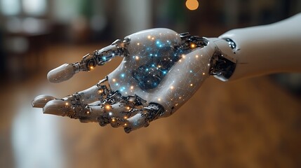 Poster - Close up of a robotic hand with glowing network of light, futuristic technology