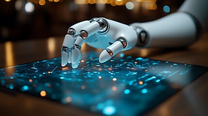 Poster - Artificial intelligence hand using a digital touch screen with circuit pattern and bokeh lights in the background