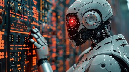 Poster - advanced robot interacting with a digital control panel in a high-tech environment