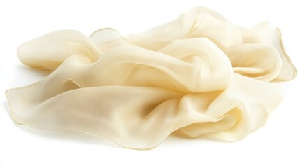 Poster - Beige silk fabric draping elegantly on a white background, soft texture.