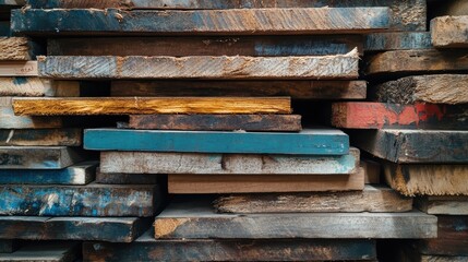 Poster - Close-up stack wooden boards against a white background, showcasing various colors and textures, creating an interesting visual.