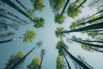Wall Mural - sustainable landscape with tall trees and sky, illustrating beauty of eco-friendly environment. perf