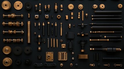 Poster - Flat lay of construction scaffolding clamps, joints, and connectors on a dark surface.