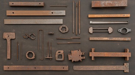 Poster - Flat lay of construction scaffolding clamps, joints, and connectors on a dark surface.