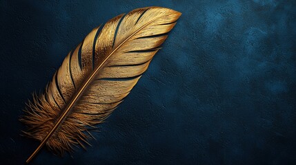 Poster - Beautiful golden feather resting gracefully against a vibrant blue background