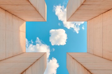 Aufkleber - Architectural Symmetry in Contemporary Urban Design Concrete Monoliths Framing Blue Sky - Modern Skyscraper Aesthetic for Real Estate Branding and Digital Facade Visualization