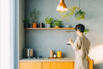 Aufkleber - Nature-Infused Capsule Living Sleek Micro-Kitchen in Eco-Friendly Seoul Apartment - Minimalist Design, Neutral Tones and Compact Appliances to Elevate Urban Lifestyle