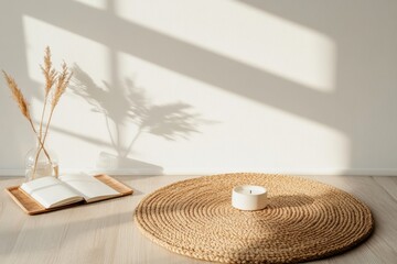 Canvas Print - Minimalist Korean Bedroom Beige Jute Rug with White Candle and Journal - Mindful Decluttering for Wellness Content and Serene Interior Design