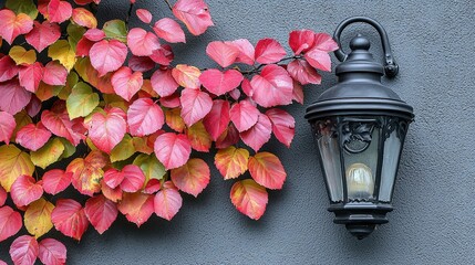 Poster - Stylish lamp on wall surrounded by lush bunch of leaves creating a natural atmosphere