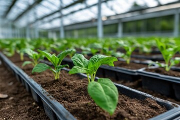 Wall Mural - The image showcases healthy, vibrant seedlings in trays arranged in a bright greenhouse, highlighting the growth process and nurturing of young plants.