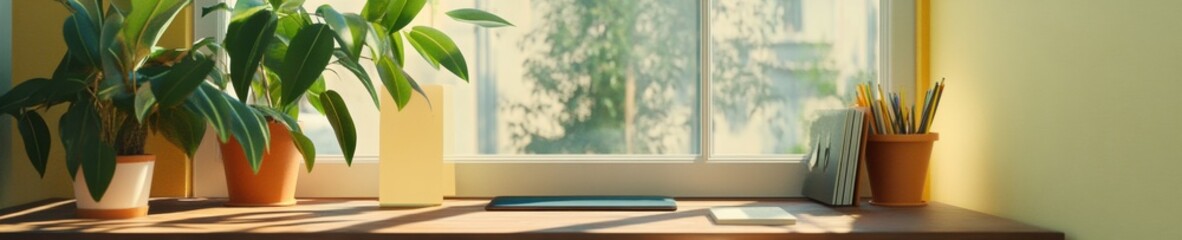 Aufkleber - Minimalist Workspace Natural Wood Desk with Laptop and Planner - Enhanced Remote Work Productivity and Home Office Style for Modern Professionals