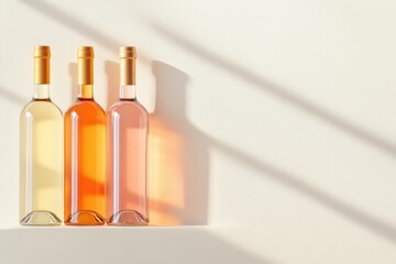 Poster - Warm Minimalist Wine Display Trio of Clear Glass Bottles on Sunlit Surface - Beverage Industry Showcase and Contemporary Lifestyle Marketing