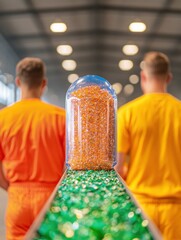 Leinwandbilder - Vibrant Recycling Facility Interior HDPE Pellets and Glass Conveyance with Workers Eco-Tourism Media and Sustainable Industry Documentation for Material Recovery