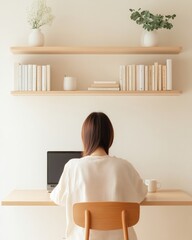 Fototapete - Minimalist Capsule Workspace Korean Woman at Birch Wall-Mounted Desk with Laptop and Coffee - Space-Saving Design for Urban Remote Work and Student Efficiency