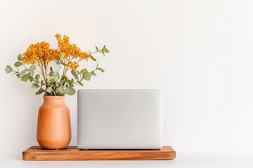 Fototapete - Contemporary Workspace Aesthetic Natural Vase with Flora on Wooden Shelf and Laptop - Digital Marketing Content and Professional Home Office Design for Enhanced Creativity