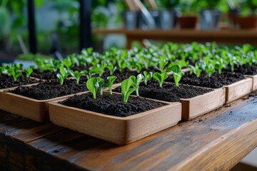 Wall Mural - A beautifully arranged display of young seedlings in wooden planters, showcasing the freshness and vitality of indoor plant growth in a natural setting.