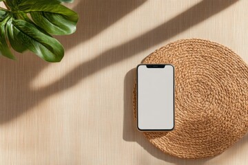 Aufkleber - Contemporary Minimalist Workspace Smartphone on Woven Mat with Greenery - Eco-Friendly Tech Design for Modern Business Aesthetics and Digital Lifestyle Integration