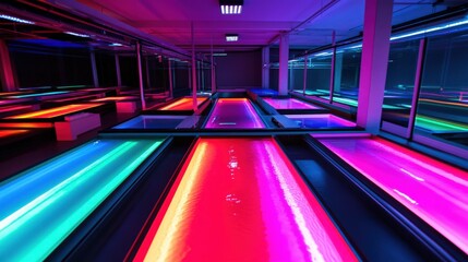 Poster - Vibrant Neon Light Reflections in Modern Indoor Space with Colorful Lighting Effects